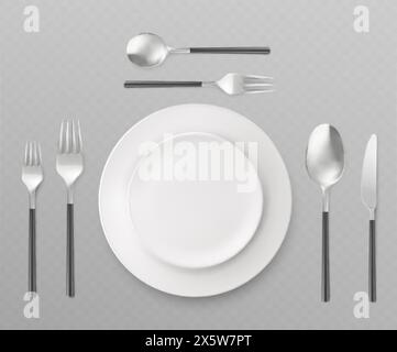 3d plate with cutlery top view. Realistic vector illustration set of kitchen or restaurant tableware - two white porcelain platters, knife, forks and Stock Vector