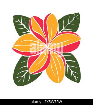 Orange decorative fresh blossoming plumeria flowers with leaves. Hand drawn outline floral icon. Vector flat illustration isolated on white background Stock Vector