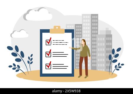 Completed goals. Action plan. The woman fulfilled the plan Stock Vector