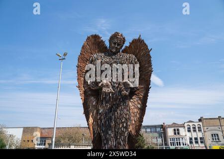 The Knife Angel, a sculpture created by artist Alfie Bradley and formed of 100,000 knives, on display in Weston-super-Mare, North Somerset. Also know as the National Monument Against Violence & Aggression, the angel was created to highlight knife crime in the UK. Stock Photo