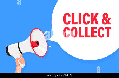 Click and collect. Hand hold megaphone speaker for announce. Attention please. Shouting people, advertisement speech symbol Stock Vector