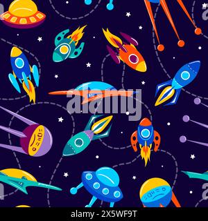 Bright multi-colored rockets in space, seamless background. Galaxy, dreams, universe. Space trip. Flight among planets and stars. Space landscape, shu Stock Vector