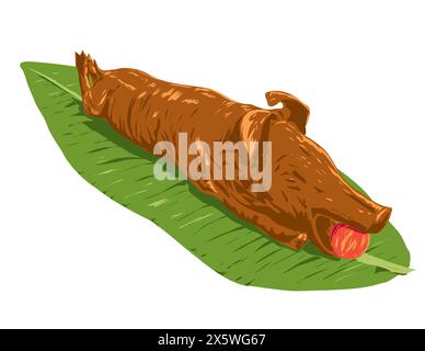 Art Deco or WPA poster art of a lechon, litson  or roasted suckling pig with apple on banana leaf done in works project administration style. Stock Vector