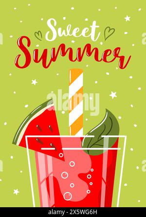 Sweet summer. Watermelon juice with a slice. Vector illustration in retro cartoon style. For menu, cafe, flyer, banner, postcards, banners for sale Stock Vector
