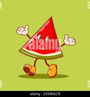 Hello summer. Cool running watermelon slice, cute retro cartoon character. Vintage trendy old style. For sale, cards and banners. Fruit graphic design Stock Vector