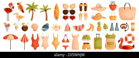 Large set of elements on the theme of summer, travel and vacation. Flat cartoon. Swimsuits, shells and summer drinks. Hats, sunglasses and bags for Stock Vector