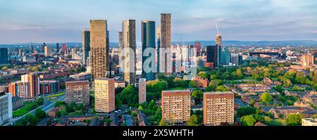 Wide Aerial image of Manchester at sunset Stock Photo