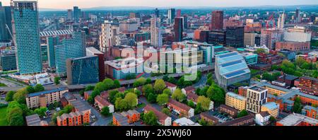 Wide Aerial image of Manchester at sunset Stock Photo