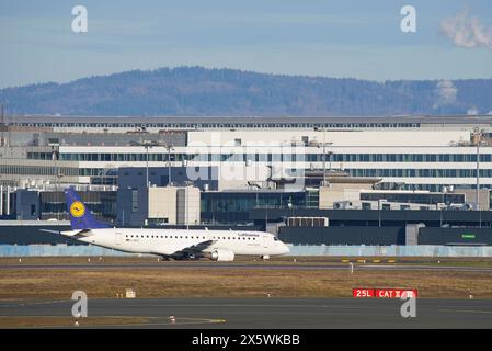 Airport during the corona crisis runway with Lufthansa airplane, Frankfurt am Main, Hesse, Germany Stock Photo