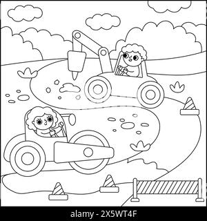 Vector black and white road work landscape illustration. Line scene with kid drivers in roller car, digger. Cute repair service or construction site s Stock Vector