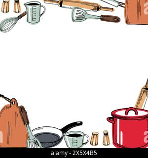 Vector illustration with utensils red saucepan, frying pan, polka dot apron, whisk, knife, salt shaker, pepper mill, measuring cups, cooking spatula Stock Vector