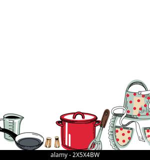 Kitchen composition with utensils: red saucepan, frying pan, polka dot apron, whisk, knife, salt shaker, pepper mill, cooking spatula, whisk. Stock Vector