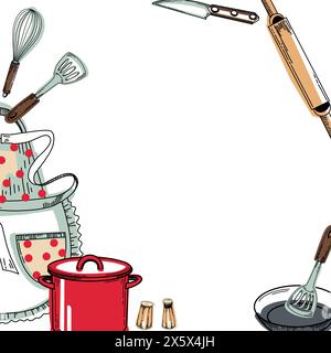 Frame with kitchen utensils: a red saucepan, a frying pan, a polka dot apron, a whisk, a knife, a salt shaker, a pepper mill, a cooking spatula. Stock Vector