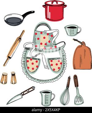 Set of illustrations of a red saucepan, a frying pan with a black handle, a polka dot apron, a measuring cup, a whisk, a knife, a cutting board. Stock Vector