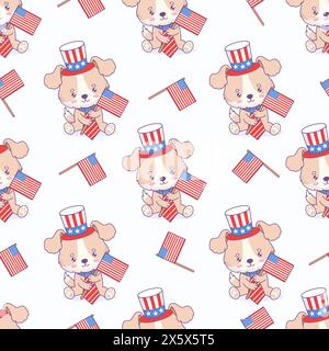 Seamless pattern with patriotic cartoon dog wearing symbolic hat, tie and American flag on white background. Vector illustration for design national t Stock Vector