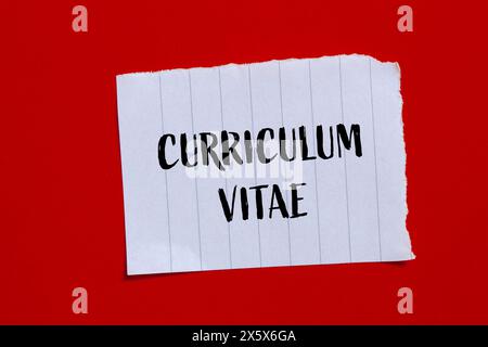 Curriculum vitae words written on ripped paper with red background. Conceptual curriculum vitae CV symbol. Copy space. Stock Photo