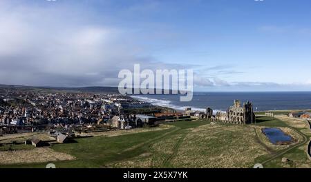 whitby abbey north yorkshire looking west towards the town sunny day blue sky elevated panoramic view Stock Photo