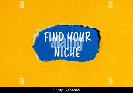 Find your niche words written on ripped yellow paper with blue background. Conceptual find your niche symbol. Copy space. Stock Photo