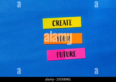 Create your future words written on colorful paper stickers with blue background. Conceptual create your future symbol. Copy space. Stock Photo