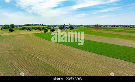 Overhead view of a sprawling rural landscape, featuring neatly divided green and plowed fields next to farm buildings, encapsulating the essence of agriculture. Stock Photo