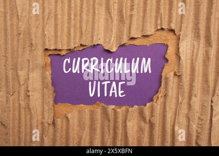 Curriculum vitae words written on ripped cardboard paper with purple background. Conceptual curriculum vitae symbol. Copy space. Stock Photo