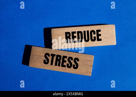 Reduce stress words written on wooden blocks with blue background. Conceptual reduce stress symbol. Copy space. Stock Photo