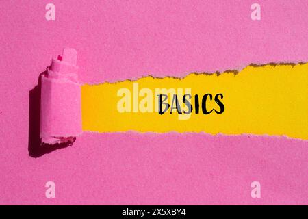 Basics word written on ripped pink paper with yellow background. Conceptual basics word symbol. Copy space. Stock Photo