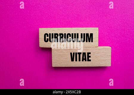 Curriculum vitae words written on wooden blocks with pink background. Conceptual curriculum vitae symbol. Copy space. Stock Photo