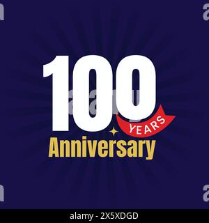 100 years anniversary logo with bold modern text and red ribbon on blue background. 100th years celebration banner, poster, greeting card. One Hundred Stock Vector