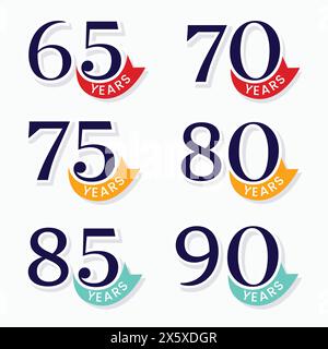 Set of Year anniversary logo design. 70 years anniversary banner. 65th, 70th, 75th, 80th, 85th, 90th years anniversary vector template. Congratulation Stock Vector