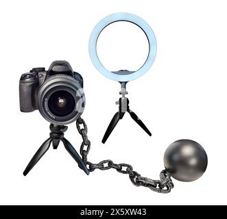 A camera tripod stand holding a camera with a beauty light and ball and chain to show the need to always have good podcast content Stock Photo