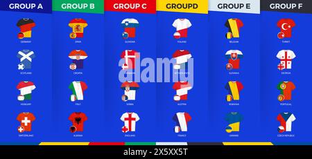 Football jerseys and football ball with flag of football 2024 competition participants sorted by group. Soccer shirts collection. Stock Vector