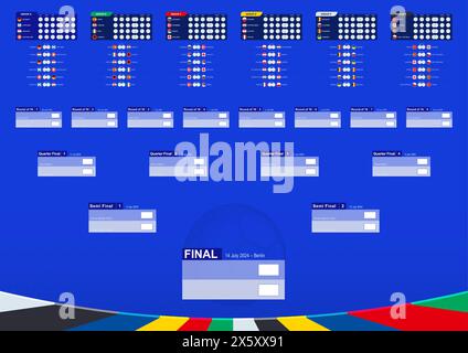 Football results table with flags and groups of European Soccer Competition 2024. Vector Template. Stock Vector