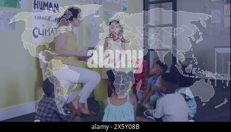 Image of world map over happy diverse female teacher with tablet and pupils in ecology class Stock Photo