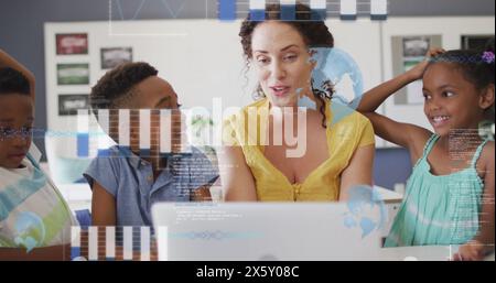 Image of data processing over happy diverse female teacher and pupils using laptop in class Stock Photo