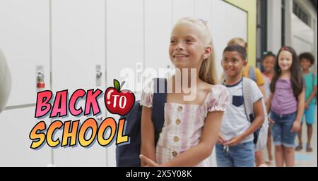 Image of back to school text over happy diverse male teacher and pupils in school corridor Stock Photo