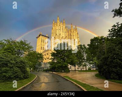 Washington, District Of Columbia, USA. 10th May, 2024. A double rainbow surrounds the National Cathedral in Washington, DC. (Credit Image: © Sue Dorfman/ZUMA Press Wire) EDITORIAL USAGE ONLY! Not for Commercial USAGE! Stock Photo