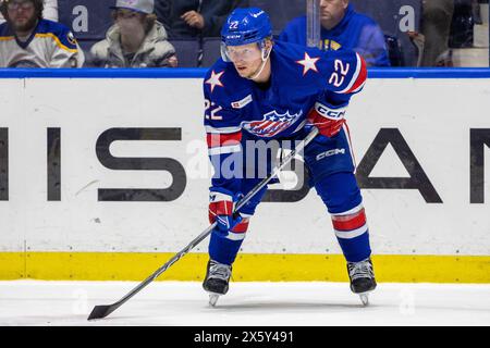 May 10th, 2024: Rochester Americans defenseman Zach Metsa (22) skates in the third period against the Syracuse Crunch. The Rochester Americans hosted the Syracuse Crunch in Game 5 of the American Hockey League Northeast Division Semifinals at Blue Cross Arena in Rochester, New York. (Jonathan Tenca/CSM) Stock Photo