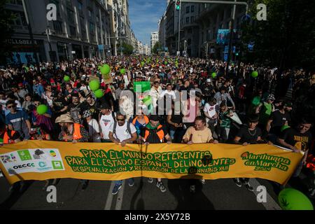 Madrid, Spain. 11th May, 2024. Crowds of people take part during the World Marijuana March. On the occasion of the celebration of the World Marijuana March, hundreds of people have protested in the center of Madrid against the strict regulations that continue to exist against the cultivation and possession of marijuana. This march has been taking place since 1999 and more than 700 cities around the world participate. Credit: SOPA Images Limited/Alamy Live News Stock Photo