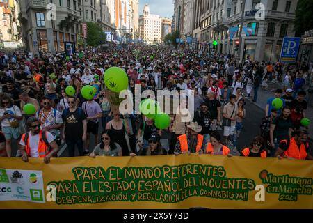 Madrid, Spain. 11th May, 2024. Crowds of people take part during the World Marijuana March. On the occasion of the celebration of the World Marijuana March, hundreds of people have protested in the center of Madrid against the strict regulations that continue to exist against the cultivation and possession of marijuana. This march has been taking place since 1999 and more than 700 cities around the world participate. (Photo by David Canales/SOPA Images/Sipa USA) Credit: Sipa USA/Alamy Live News Stock Photo