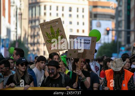 Madrid, Spain. 11th May, 2024. Protesters hold placards expressing their opinion during the World Marijuana March. On the occasion of the celebration of the World Marijuana March, hundreds of people have protested in the center of Madrid against the strict regulations that continue to exist against the cultivation and possession of marijuana. This march has been taking place since 1999 and more than 700 cities around the world participate. (Photo by David Canales/SOPA Images/Sipa USA) Credit: Sipa USA/Alamy Live News Stock Photo