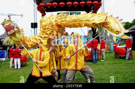 Prague, Czech Republic. 11th May, 2024. Czech youth perform dragon dance during the 27th Prague Dragon Boat Festival in Prague, the Czech Republic, on May 11, 2024. Credit: Dana Kesnerova/Xinhua/Alamy Live News Stock Photo