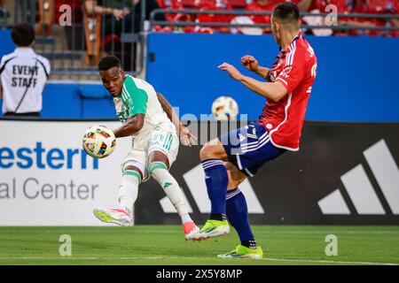 Frisco, Texas, USA. 11th May, 2024. Austin FC forward GYASI ZARDES (9) kicks the ball in front of the goal past FC Dallas defender SAM JUNQUA (29) during a MLS match between FC Dallas and Austin FC and at Toyota Stadium. Dallas wins 2-1. (Credit Image: © Mark Fann/ZUMA Press Wire) EDITORIAL USAGE ONLY! Not for Commercial USAGE! Credit: ZUMA Press, Inc./Alamy Live News Stock Photo