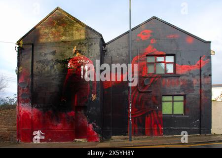 England, Liverpool - December 29, 2023: Mohamed Salah mural on Anfield Road. Stock Photo