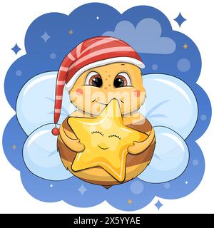 Cute cartoon bee wearing a nightcap and holding a yellow star. Night vector illustration on a blue background. Stock Vector