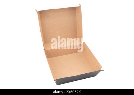 Open empty brown paper burger box isolated on white background. Stock Photo