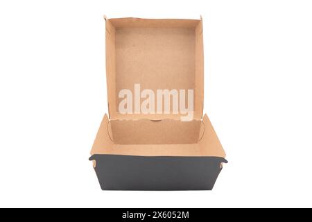 Open empty brown paper burger box isolated on white background. Stock Photo