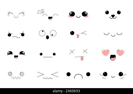 Kawaii Style Faces manga anime emotions, comic expressions, cute eyes collection isolated on white background. Doodle smiley mood design elements, . Vector illustration Stock Vector