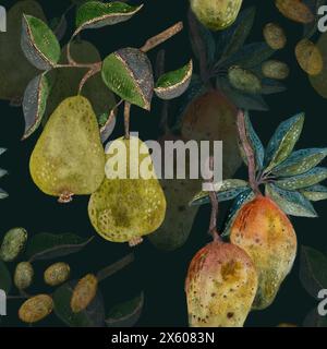 Yellow-green pears and red-yellow mango on branches with green foliage, watercolor seamless pattern on a black background. Stock Photo