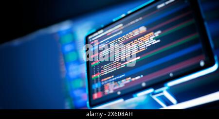 Work from home. Programmer coding code on notebook screen at Stock Photo